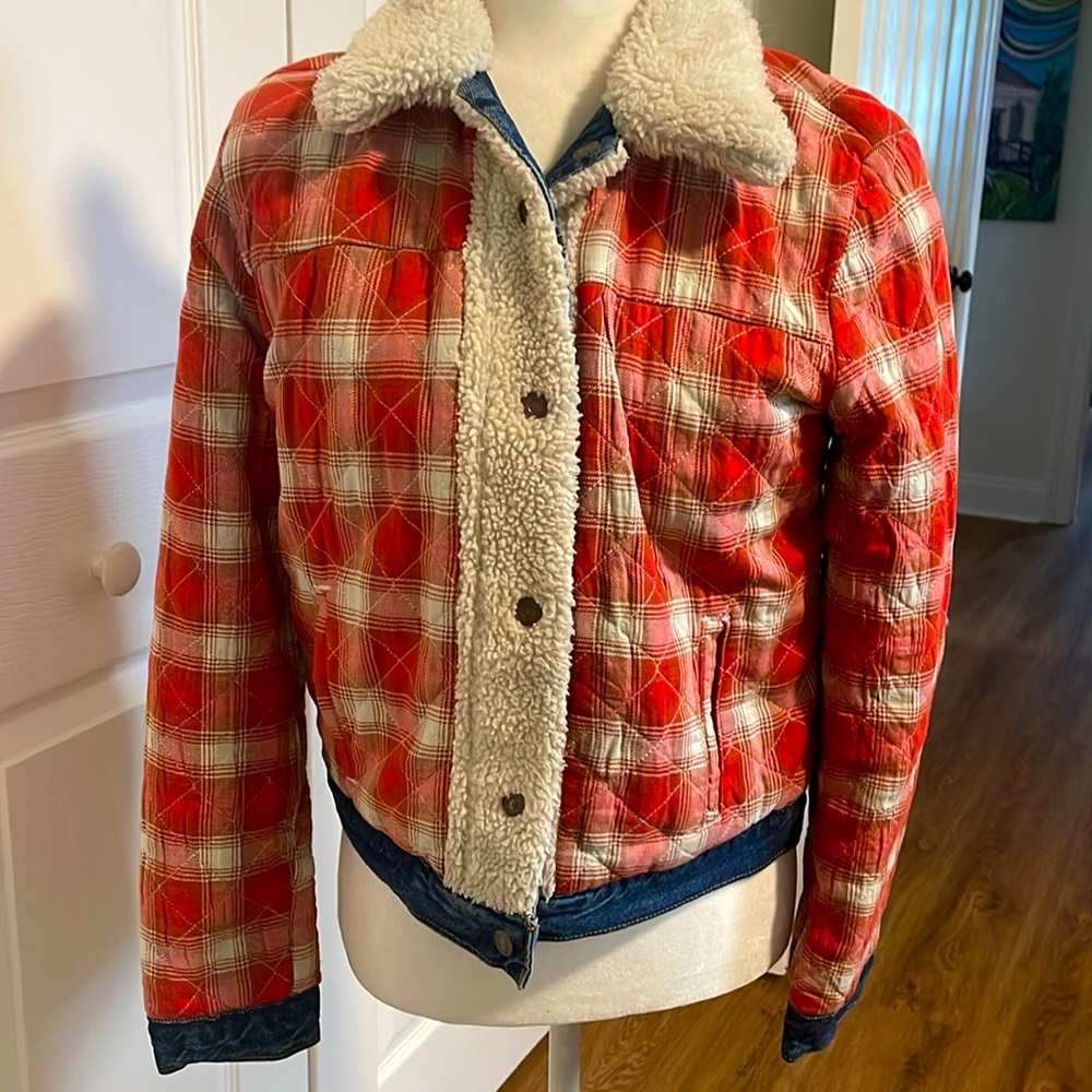 Reversible Levi Trucker Jacket, Red Plaid/Denim, six size M
